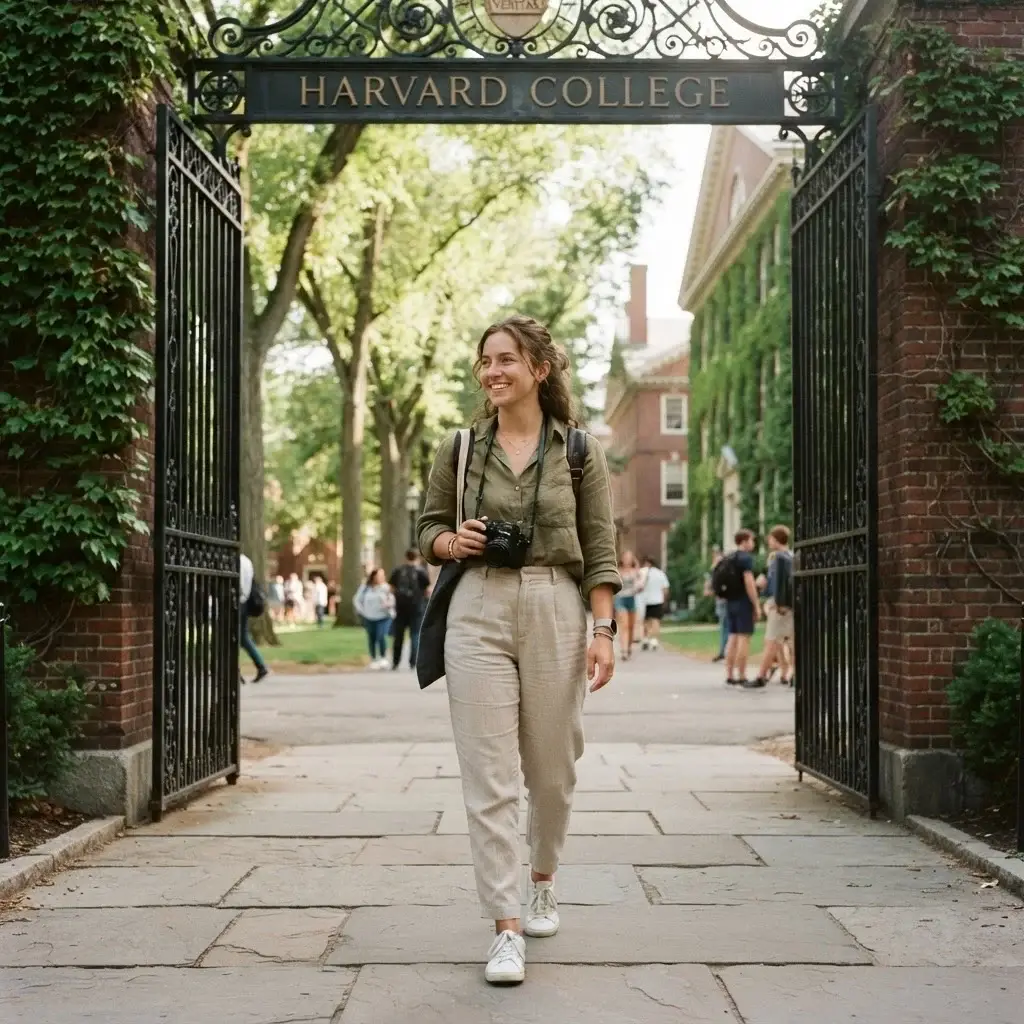 A candid photograph of a female traveler holding a mirrorless camera while walking through the open iron gates of Harvard Yard surrounded by old brick campus buildings and mature trees.