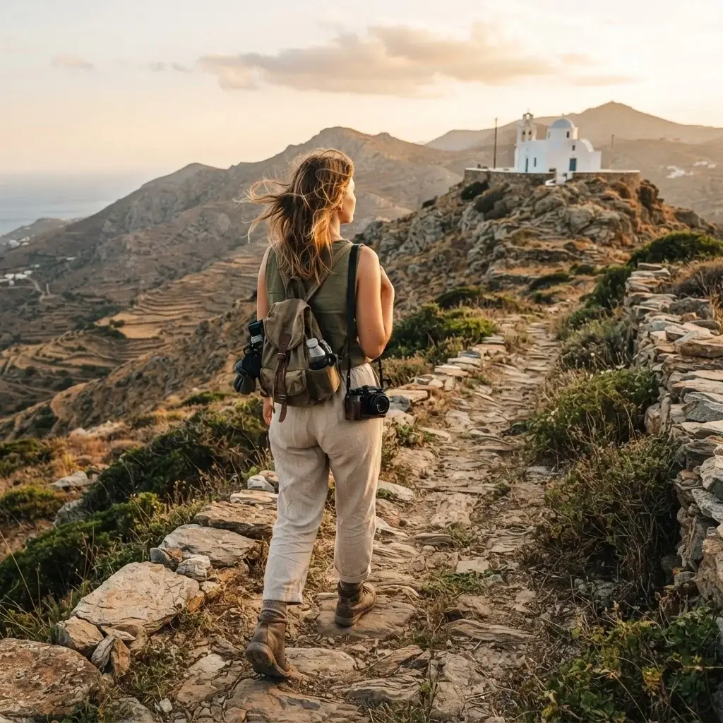 A solo traveler hiking on a rugged, ancient stone donkey path in the Greek mountains, carrying a camera and looking at a distant white chapel.