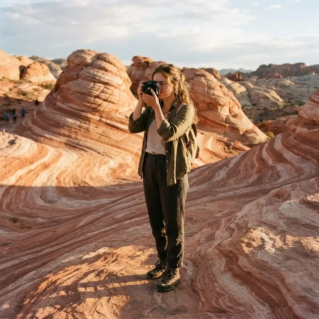 A 20-something female traveler with natural brown hair capturing photos with a mirrorless camera along the striped pink and red sandstone trails of the Fire Wave in Valley of Fire.