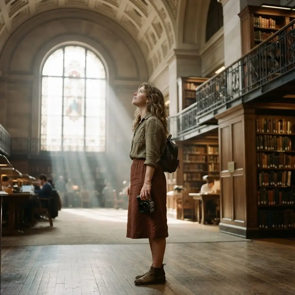 A candid eye-level photograph of Emma Collins, a 20-something female solo traveler with brown hair wearing earth-toned linen clothing, holding a mirrorless camera while admiring the soaring ceilings and carved wood paneling of a historic public library reading room.