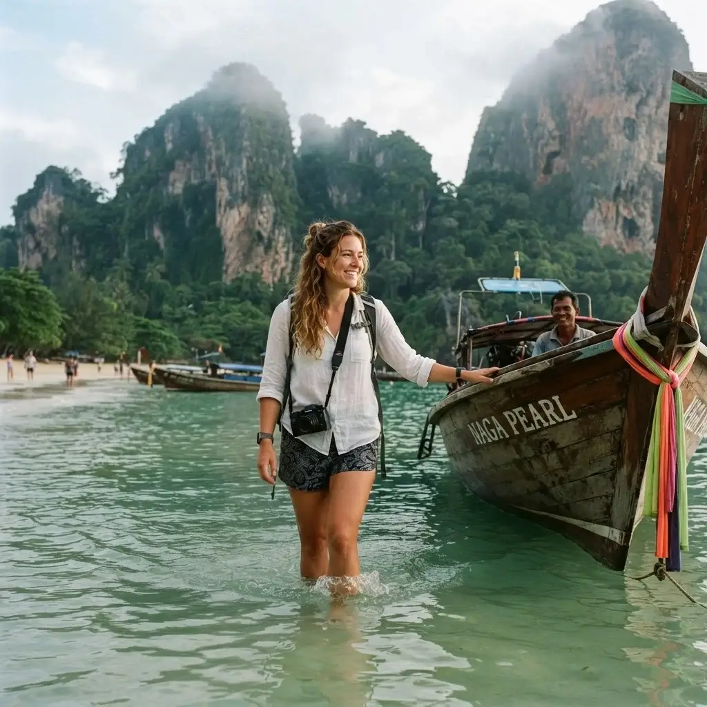 Solo traveler Emma Collins boarding a traditional wooden longtail boat in Krabi Thailand, wading through clear ocean water with towering limestone cliffs in the background.