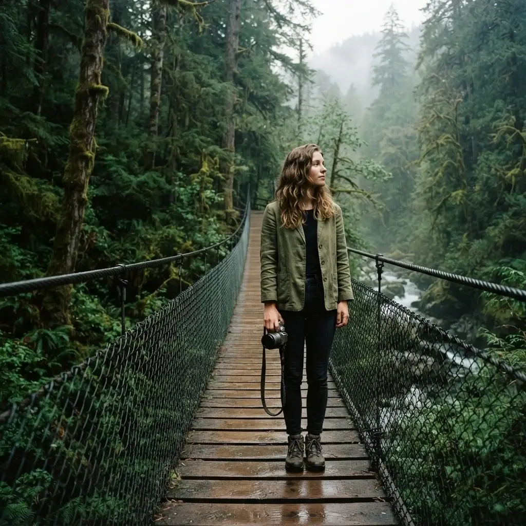 A natural photograph of a female traveler holding a mirrorless camera on the narrow wooden Lynn Canyon Suspension Bridge, surrounded by towering cedar trees and coastal rainforest mist.