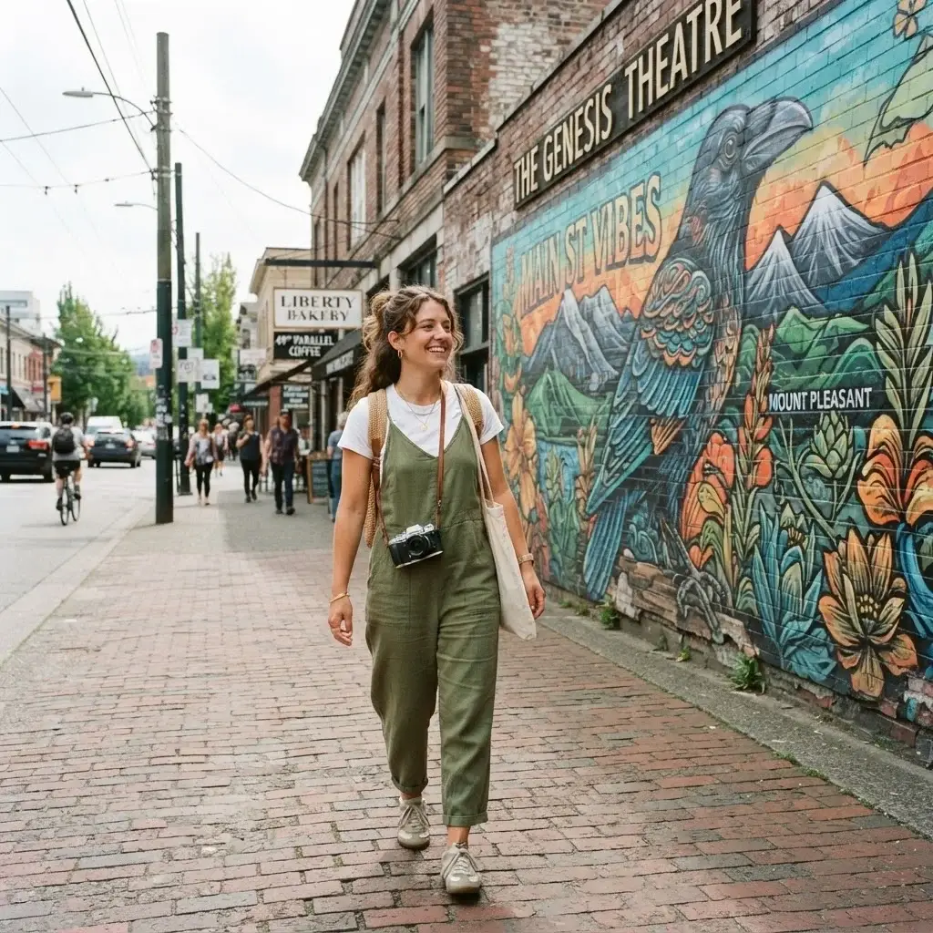 A candid photo of a female solo traveler carrying a classic mirrorless camera, walking past a colorful outdoor street art mural on Main Street in Mount Pleasant, Vancouver.