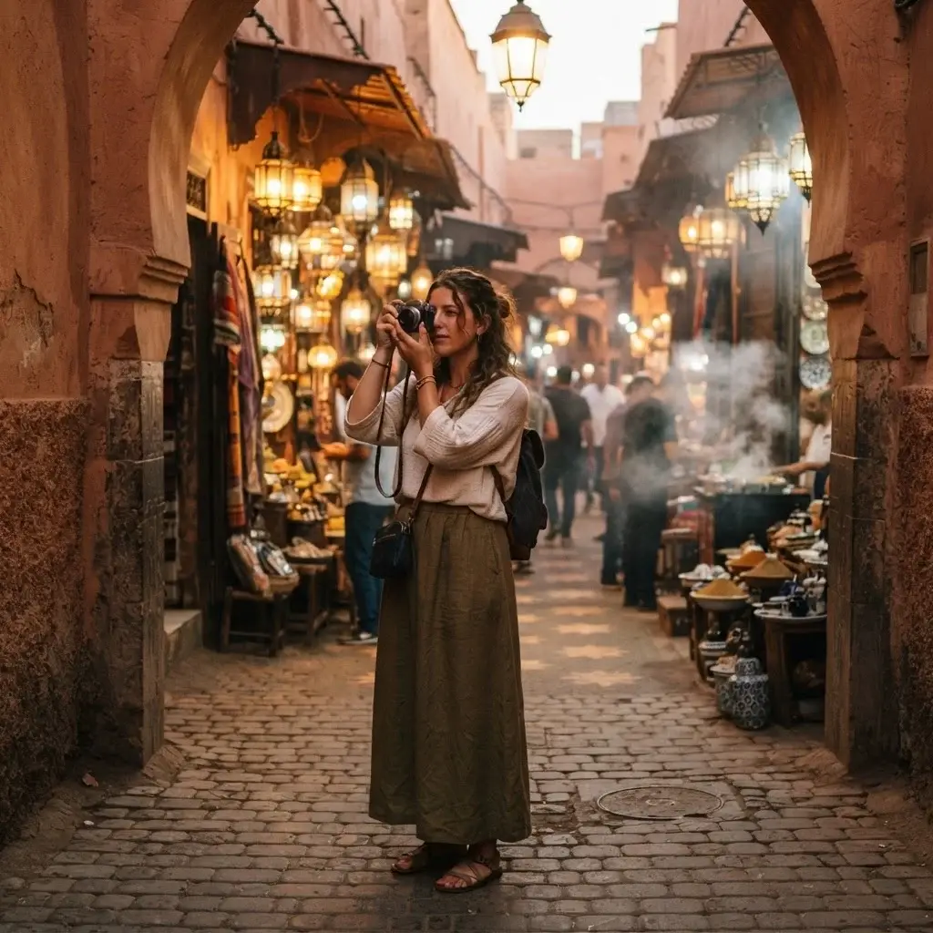 Solo female traveler with natural brown hair in earthy linen clothes confidently photographing the golden-lit archways and lanterns of Marrakech medina at dusk, mirrorless camera raised with quiet purpose