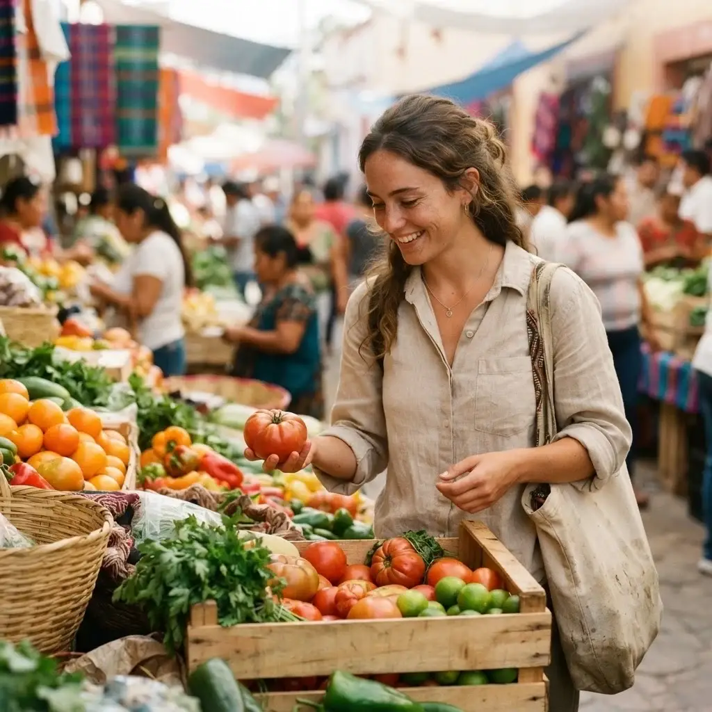 A young solo female traveler browsing a vibrant, authentic neighborhood fruit market, showcasing slow travel and local cultural engagement.