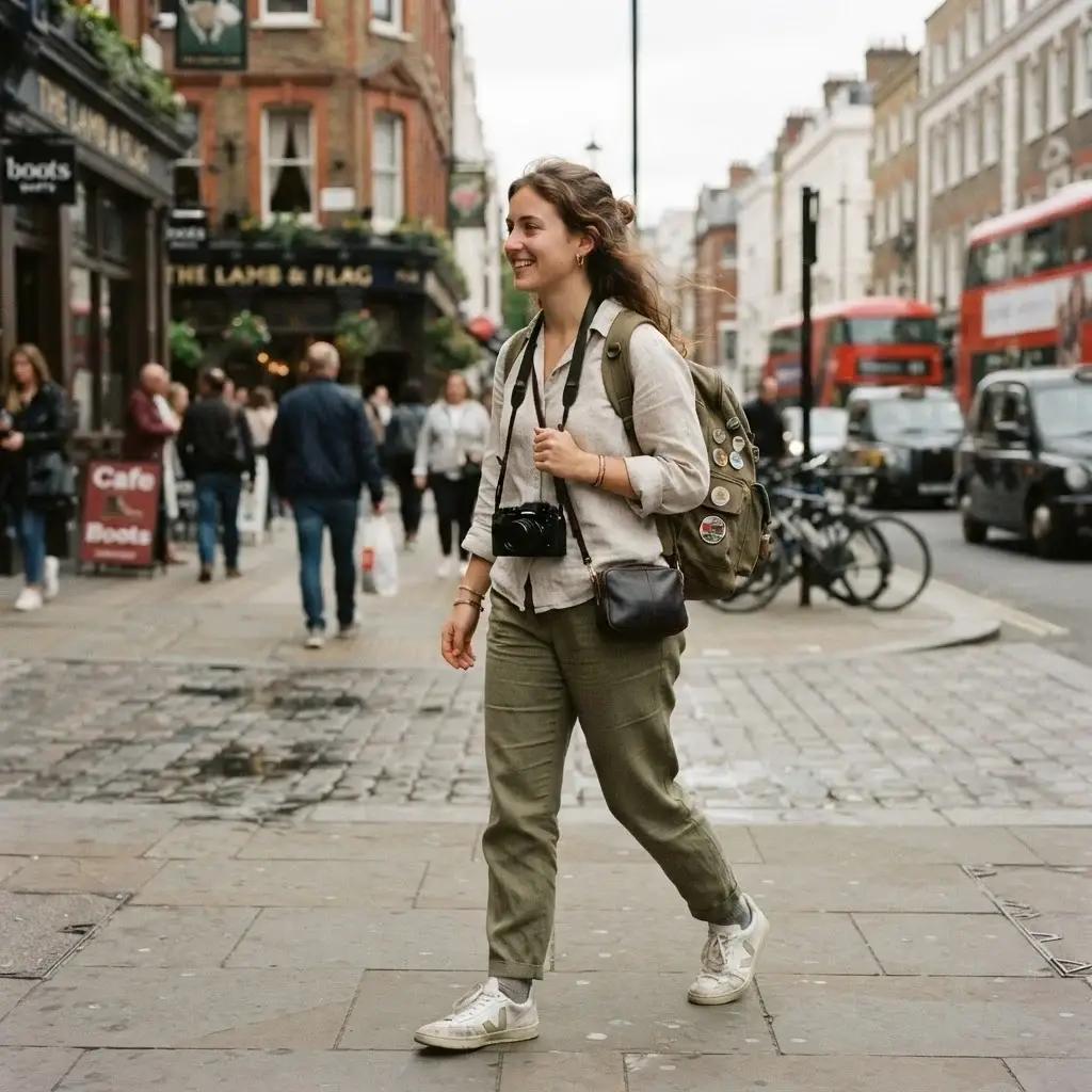 A candid street-style shot of Emma Collins walking through a classic London neighborhood with her camera around her neck, checking her phone for transit directions.