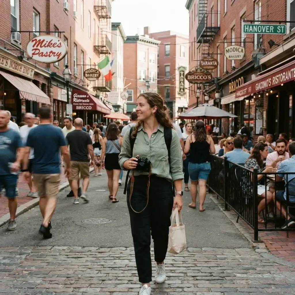 A street-level documentary photo of a female traveler wearing a sage green linen shirt walking past historic red brick buildings and outdoor cafe tables on Hanover Street in Boston's North End.