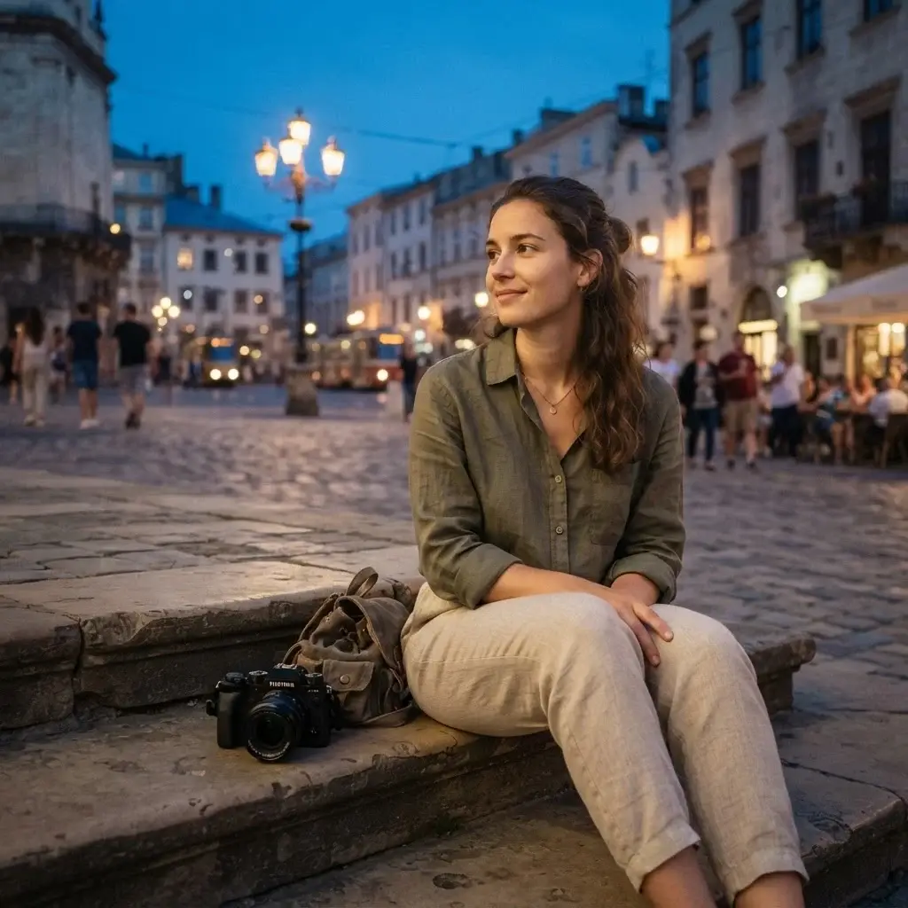 A serene photograph of a solo female traveler with brown hair sitting on old stone steps overlooking a city plaza at twilight, watching the locals pass by, capturing a moment of quiet cultural observation.