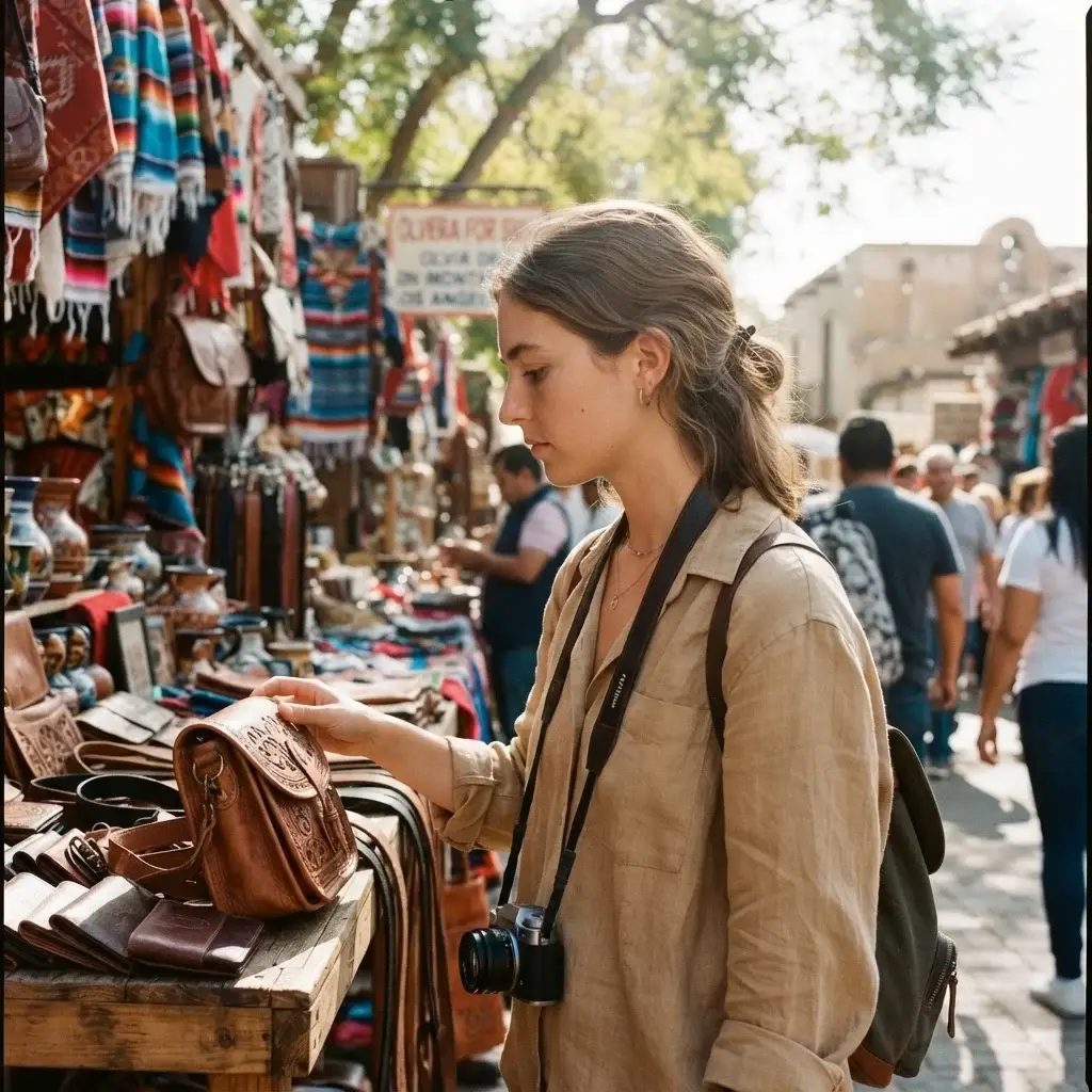 A candid side profile of a female traveler wearing a beige linen shirt as she explores the vibrant open-air market stalls of historic Olvera Street in downtown Los Angeles.