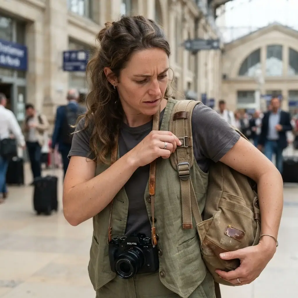 Close-up of a female traveler adjusting her lightweight linen travel daypack and camera, focusing on practical gear for a day of exploring city museums.