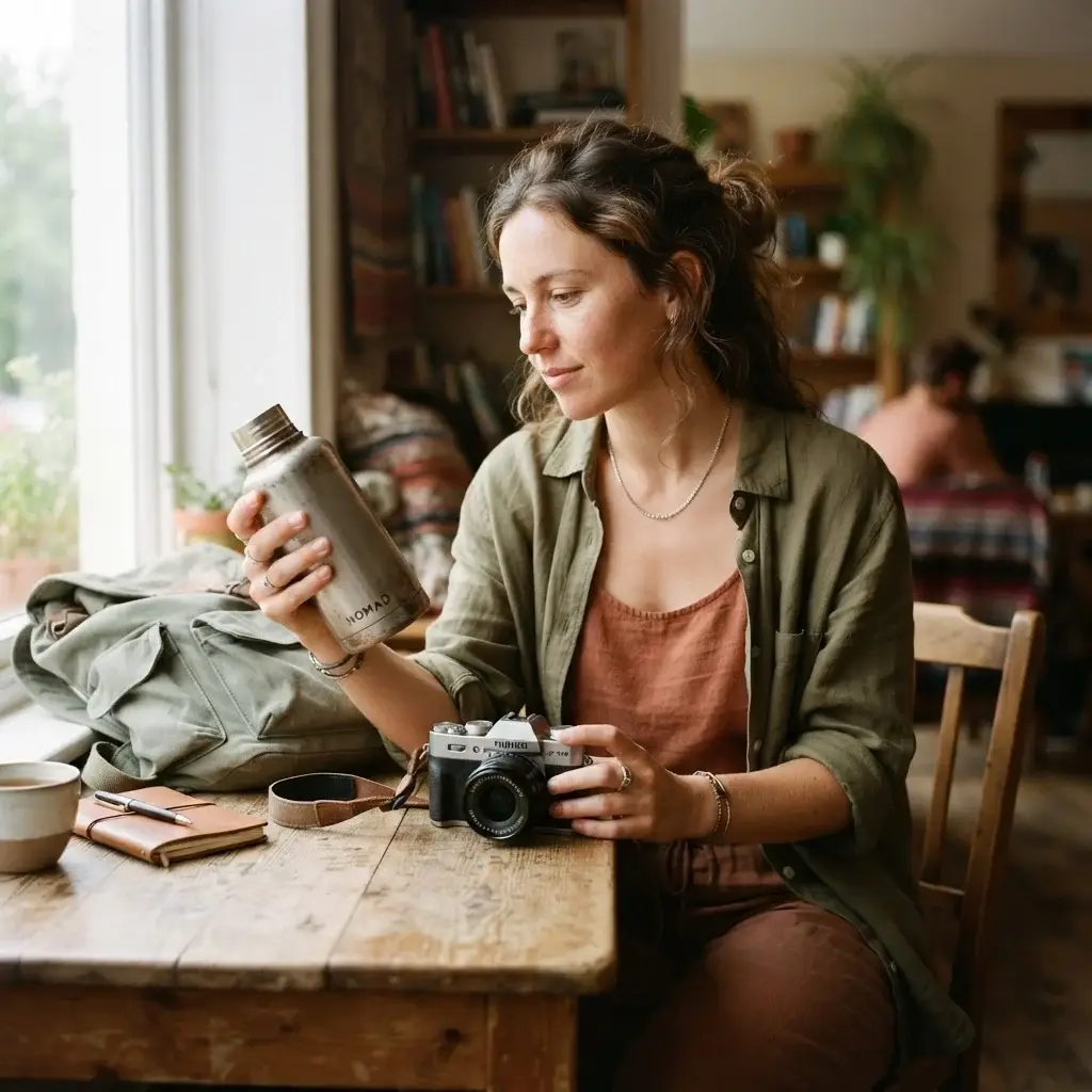 A candid eye-level shot of a female solo traveler with natural brown hair inspecting an insulated water flask and a mirrorless camera next to a daypack on a rustic wooden table.