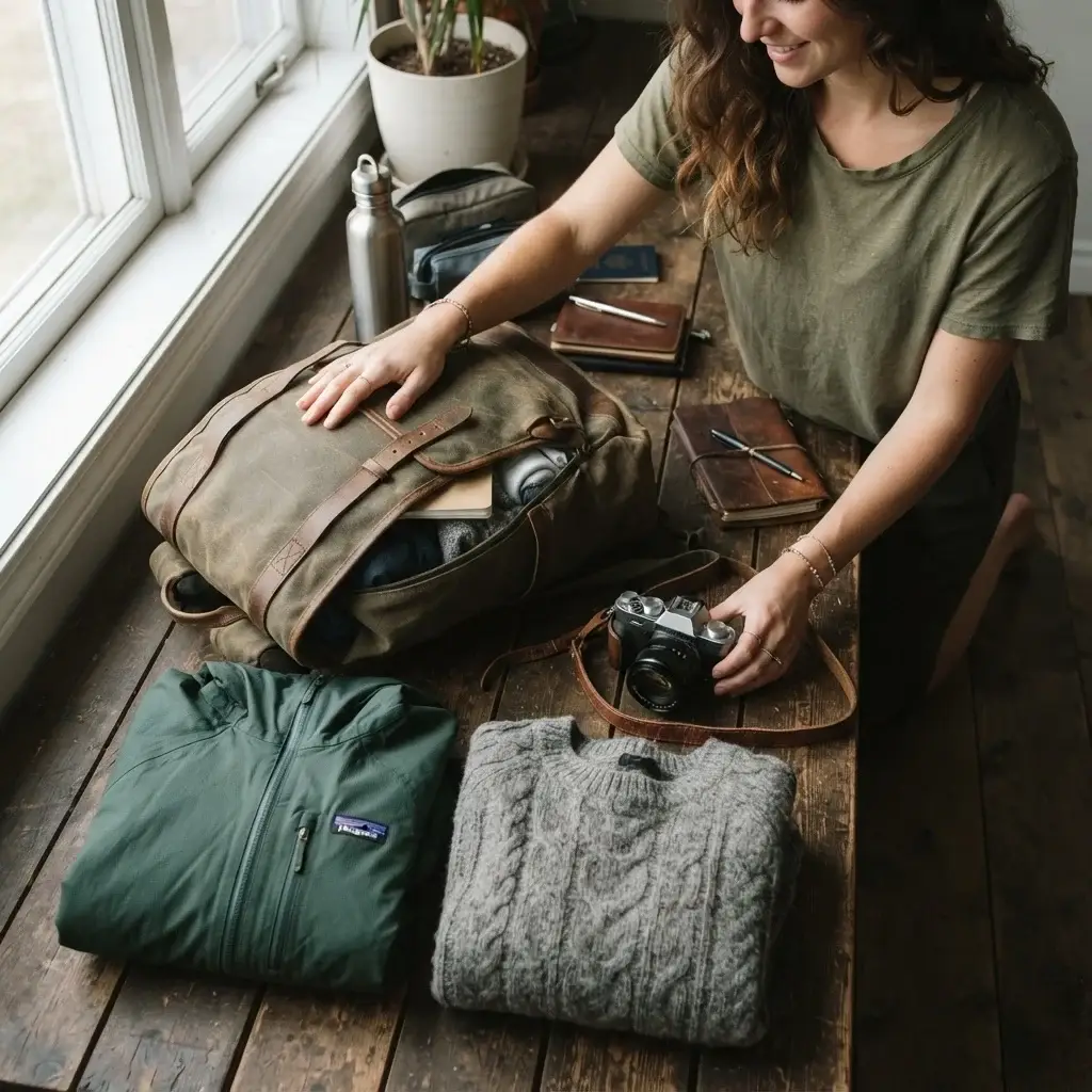 A 20-something female traveler with natural brown hair organizes her travel backpack with a green windproof jacket, durable wool sweaters, and a mirrorless camera on a rustic wooden table.
