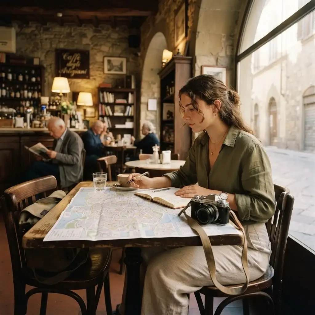 A young woman with brown hair sitting in a sunlit corner café, peacefully organizing a travel itinerary in a notebook while holding a cup of coffee.