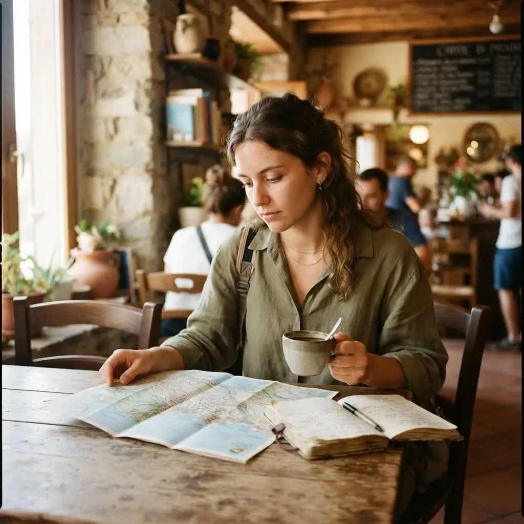 A young female traveler with brown hair sitting at a cozy wooden cafe table in Europe, researching museum maps with a notebook and camera nearby.