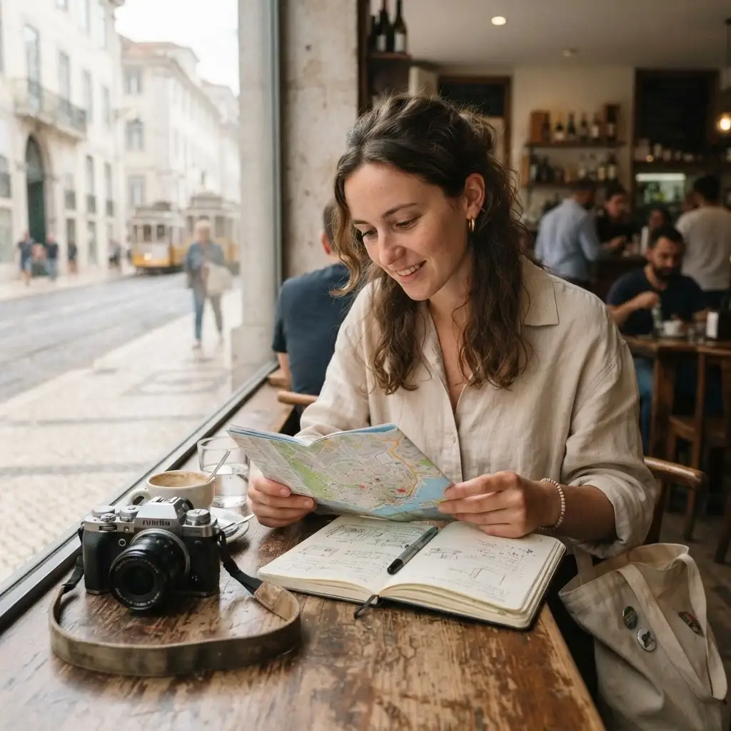 A young female traveler with brown hair sitting in a sunlit, rustic local cafe, reviewing a paper map and notes while holding a cup of coffee, showcasing the thoughtful process of planning solo travel.