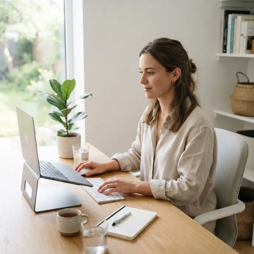 A young female traveler working efficiently in a bright, airy workspace using a foldable laptop stand and a compact wireless keyboard setup.