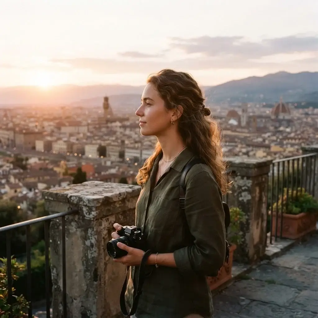 Emma Collins standing on a scenic urban viewpoint overlooking a city skyline during a golden hour sunset, holding her mirrorless camera and looking at the horizon.