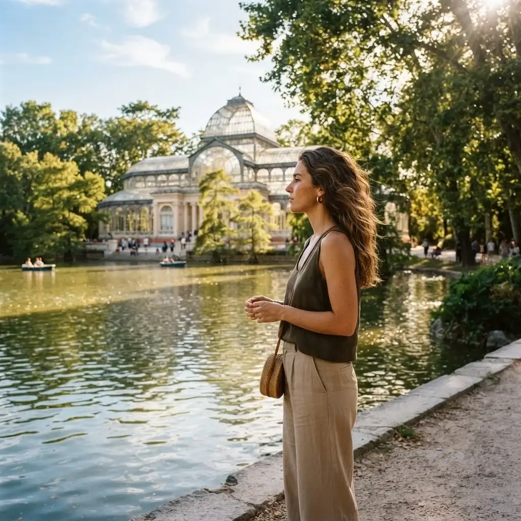 A natural, medium shot of a solo female traveler standing near the lakeside path in Retiro Park, with the sunlit iron-and-glass structure of the Crystal Palace reflecting on the water behind her in Madrid.