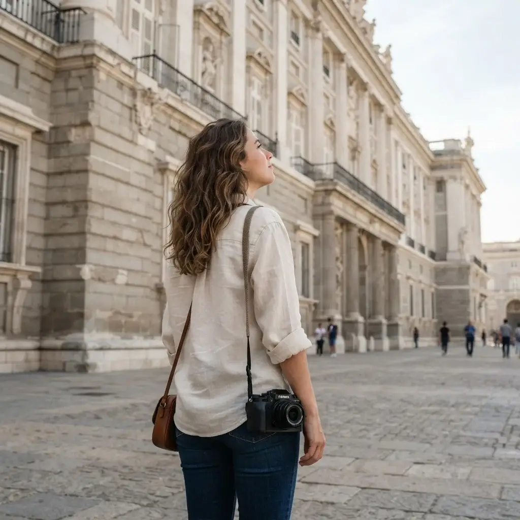 A candid eye-level photograph of a female traveler with natural brown hair wearing a cream-colored linen shirt, seen from behind as she looks up at the grand stone facade of the Royal Palace in Madrid during a crisp morning.