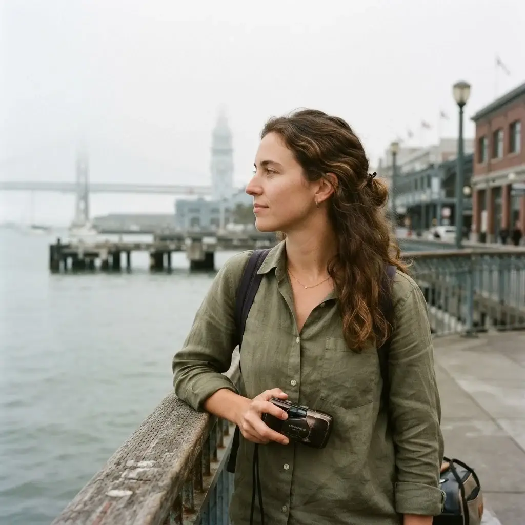 A candid eye-level shot of a female solo traveler with natural brown hair looking out toward the historic San Francisco Embarcadero waterfront on a misty California morning.