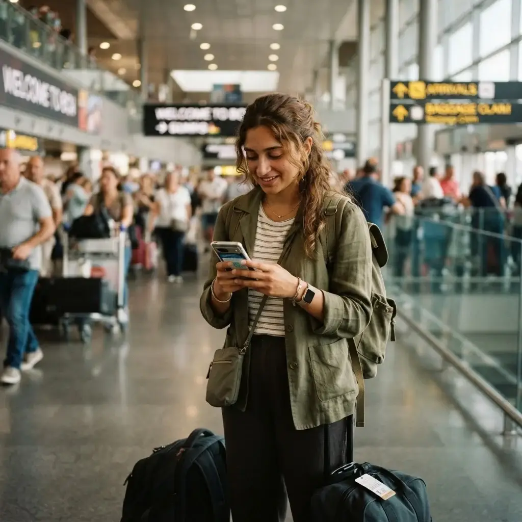 A young female traveler standing in a bright, modern airport arrivals terminal, looking at her smartphone screen while managing a backpack.