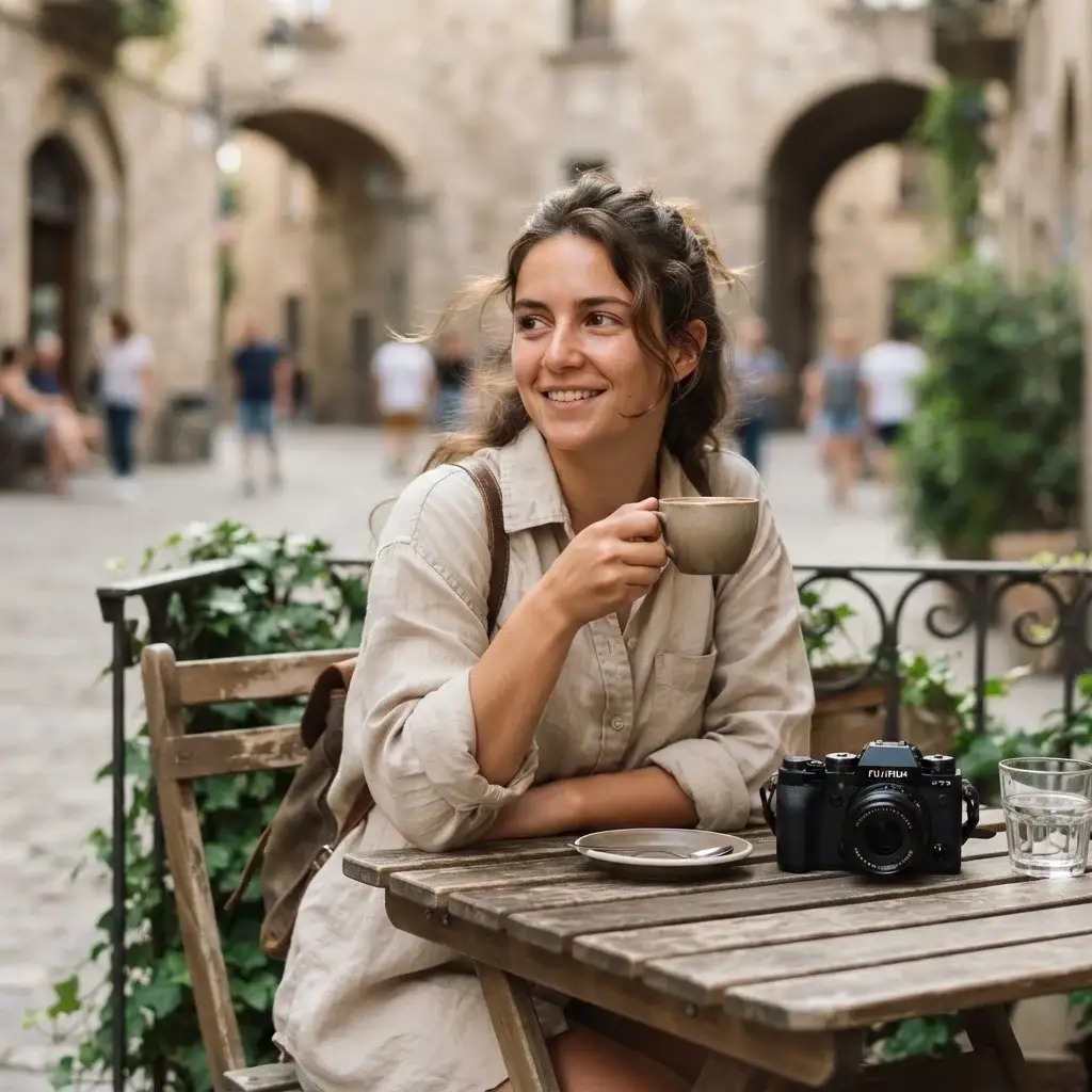 Emma Collins sitting quietly at an outdoor European cafe table with a journal and a mirrorless camera, reflecting the slow travel philosophy during a weekend getaway.