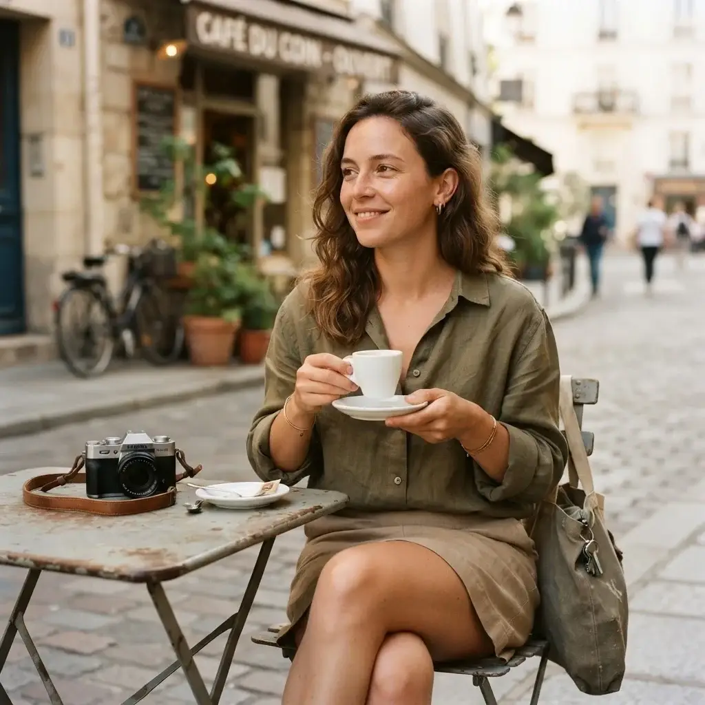 A natural, candid side-profile shot of Emma Collins sitting at a small round table outside a neighborhood sidewalk cafe, holding a small cup of espresso with her mirrorless camera resting beside her, watching a quiet city street wake up in the morning light.