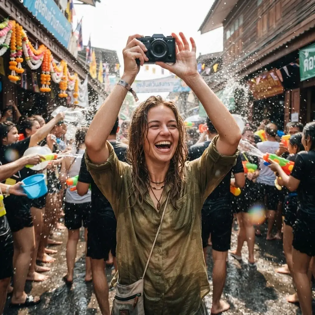 Young brown-haired solo female traveler laughing and holding a compact camera above the crowds during Songkran water festival in Chiang Mai Thailand, streets filled with color and motion