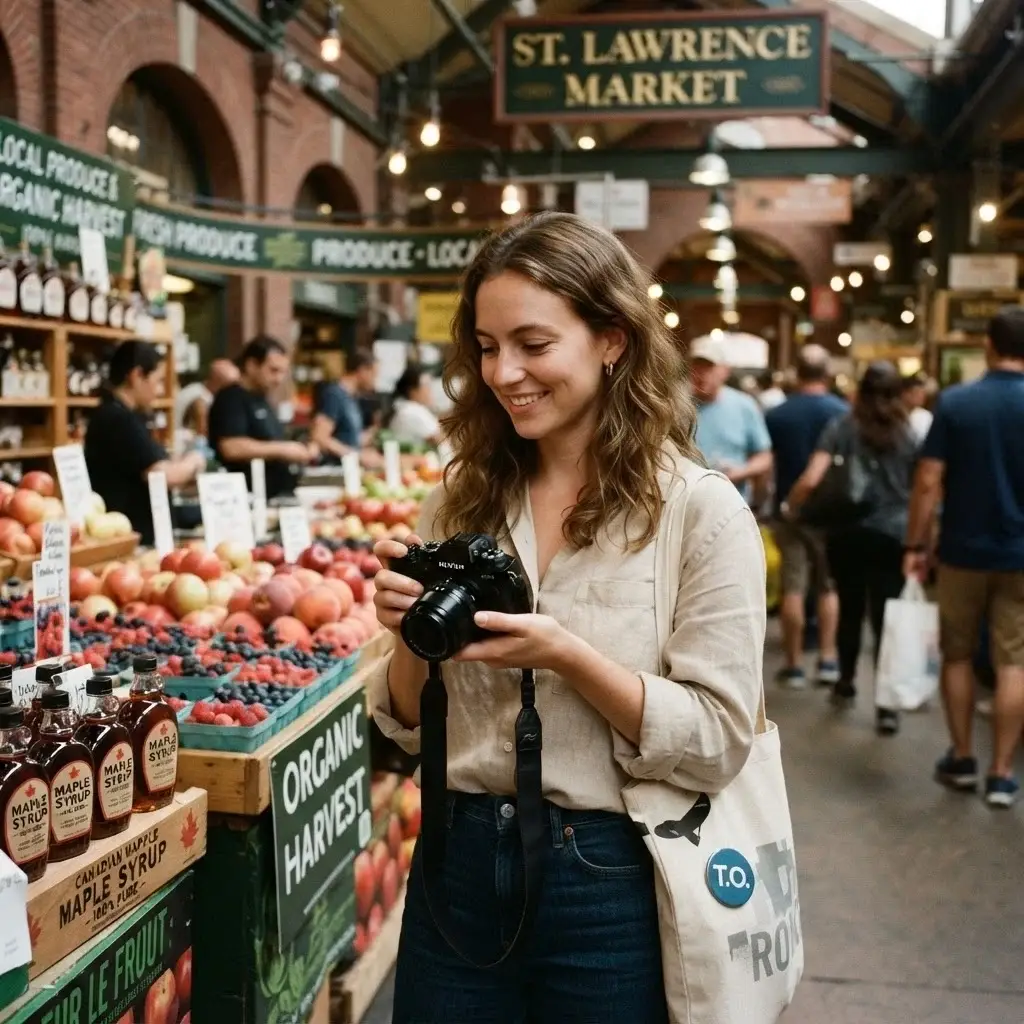 A candid eye-level shot of a female traveler with brown hair in a linen shirt, inspecting fresh local produce at a busy market stall inside St. Lawrence Market in Toronto.