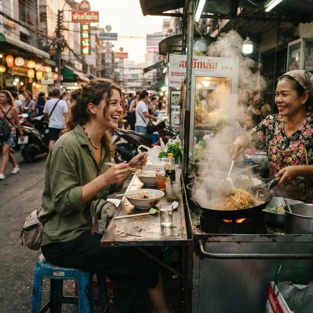 A solo traveler sitting on a small stool at a bustling, authentic roadside food stall in an Asian city, enjoying a local meal with her camera nearby.