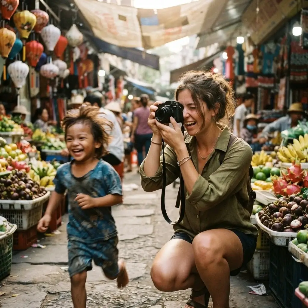 Young solo female traveler raising compact mirrorless camera to capture a candid moment of a child running through a colorful Southeast Asian street market, dynamic motion blur in background