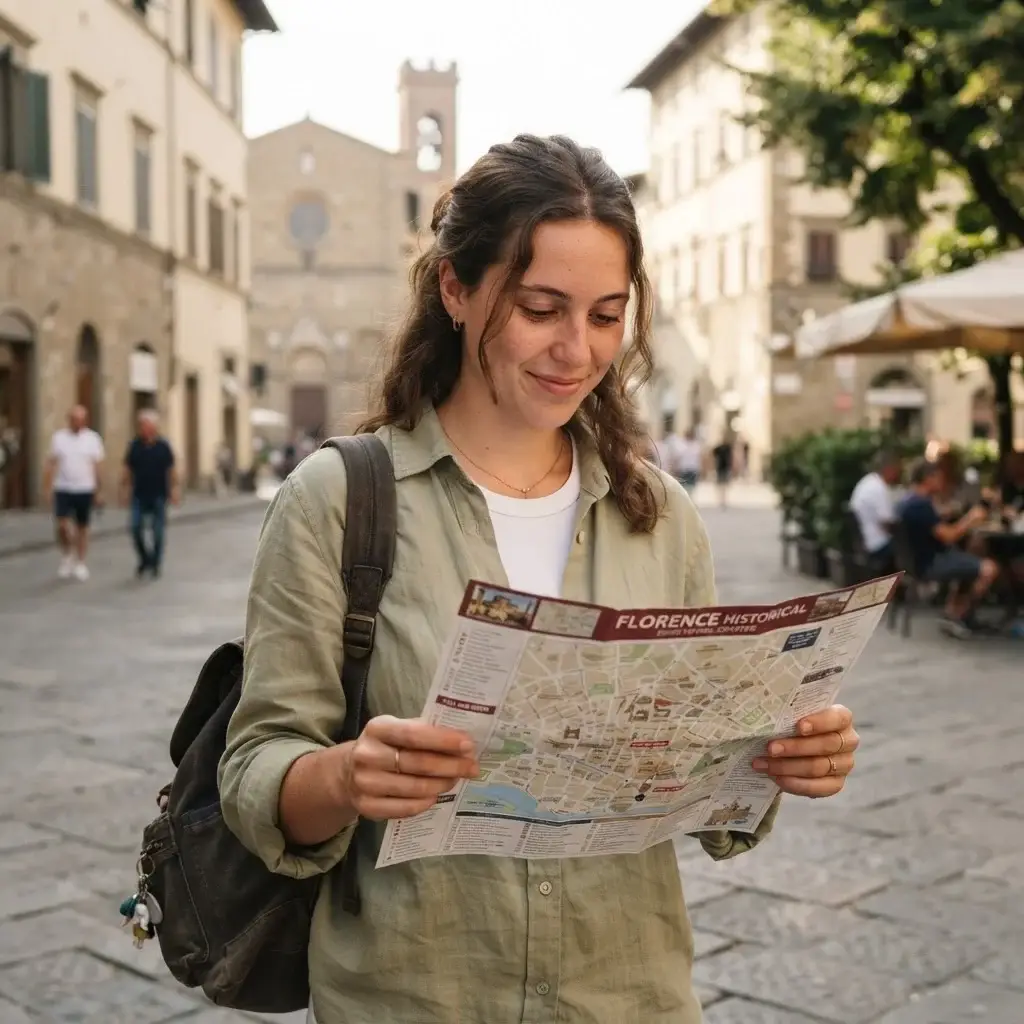A young female solo traveler in linen clothes examining a paper city map with a thoughtful expression in a sun-drenched, quiet urban square.