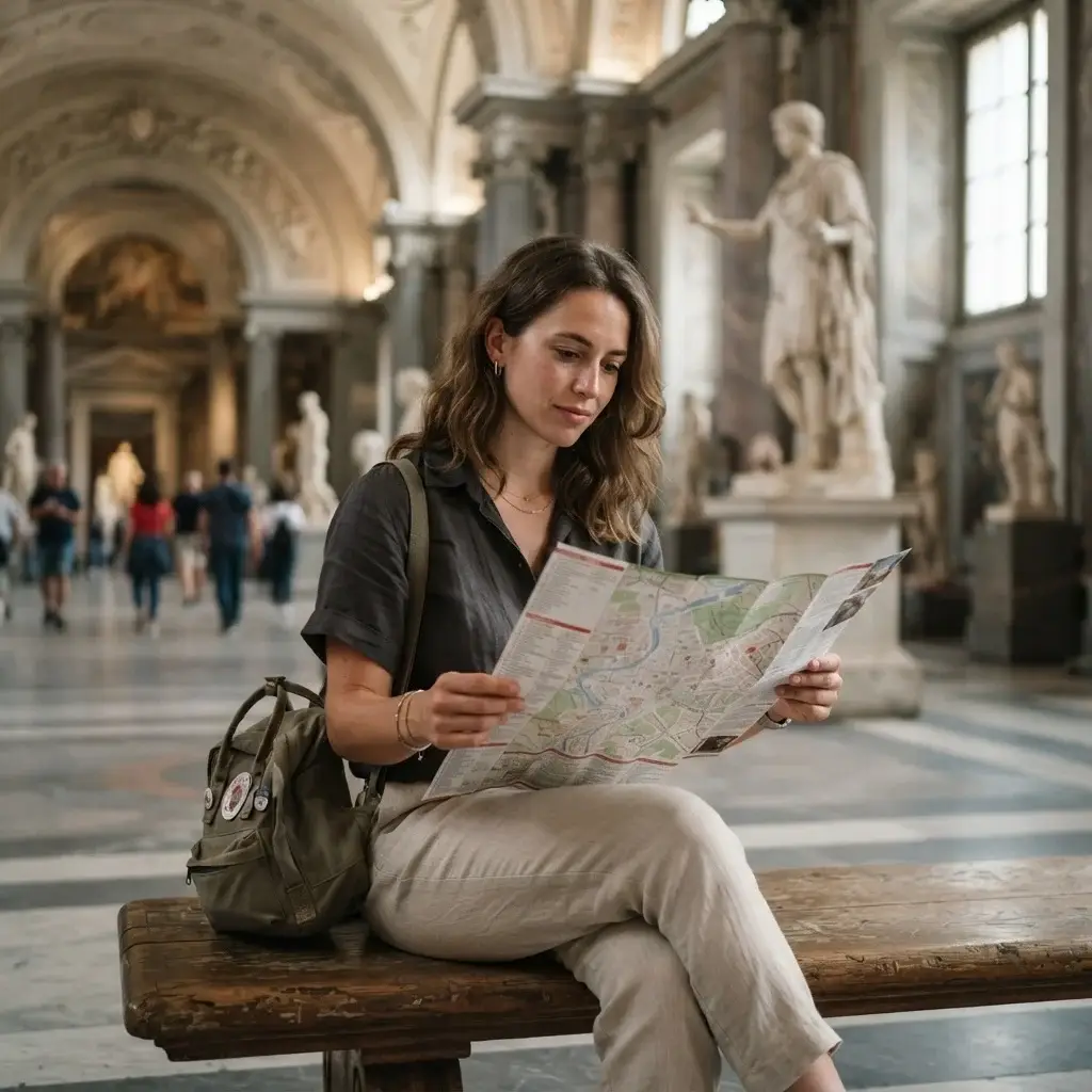 A solo traveler with natural hair sitting on a quiet museum bench studying a paper floor plan, surrounded by classical marble architecture.