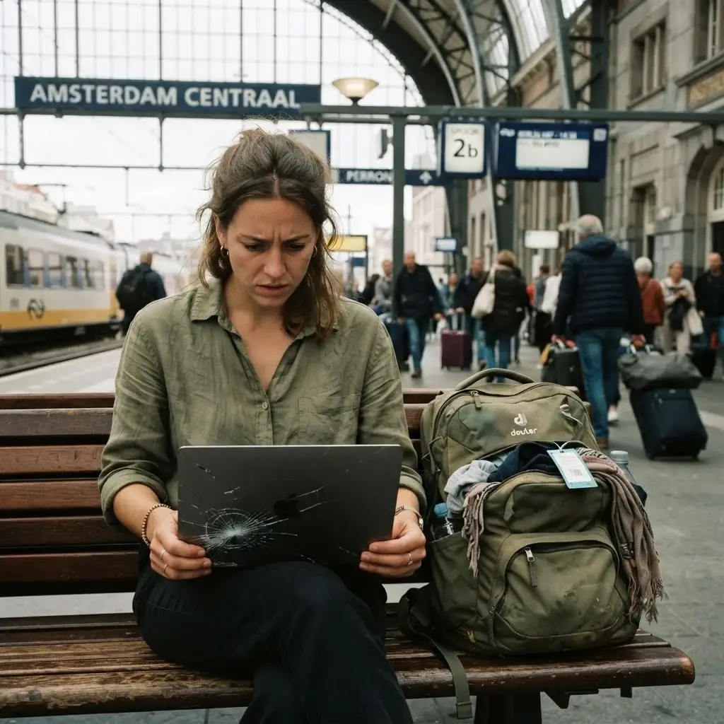 A candid shot of a young solo traveler sitting on a train bench in Rome, looking worried while inspecting her laptop inside a disorganized and flimsy canvas backpack.