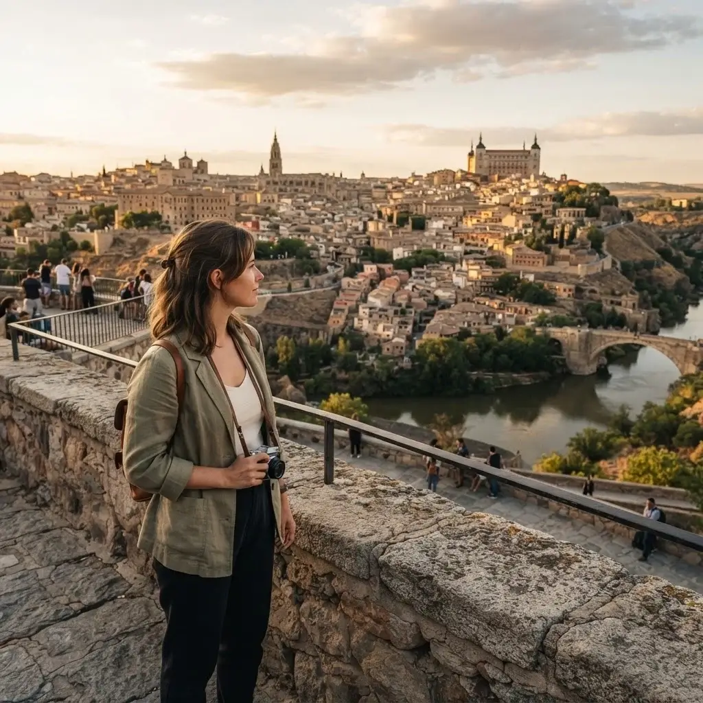 An authentic panoramic view of a female solo traveler with a mirrorless camera on a strap, standing at a stone overlook outside Toledo, Spain, watching the sun hit the historic alcazar and old stone bridge.