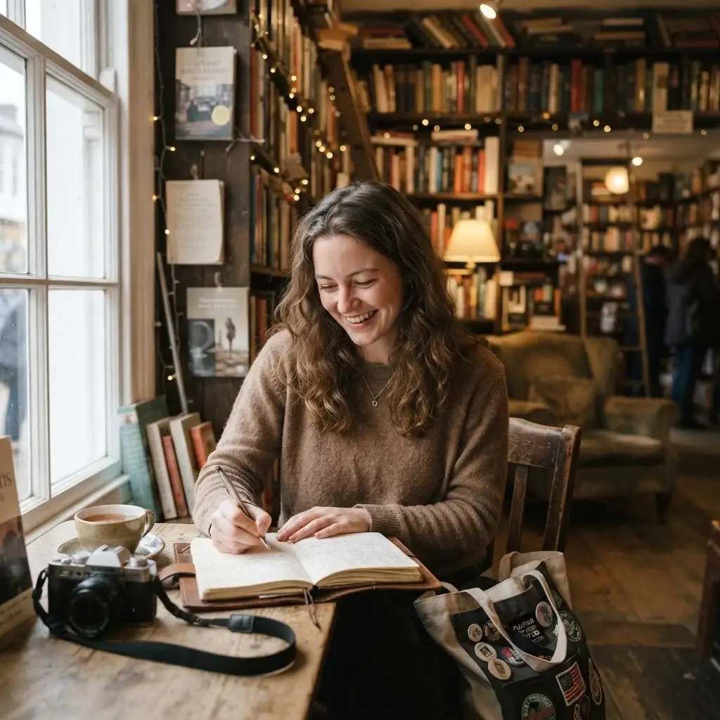 Emma Collins smiling and taking notes in a charming, dimly lit local bookstore while rain falls outside, capturing the beauty of an unplanned travel moment.
