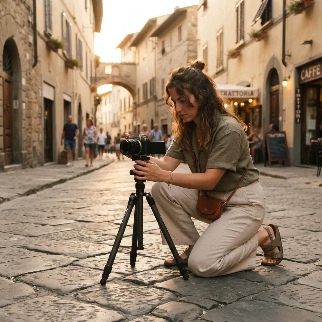 A woman in casual linen clothes setting up a compact, flexible-leg travel tripod on a charming historic cobblestone street, city background.
