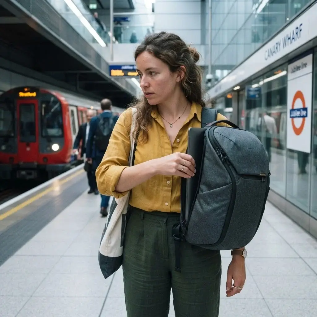 A solo traveler using a sleek, urban-style travel backpack with side-access functionality while standing at a modern subway entrance in London, showcasing easy gear retrieval.