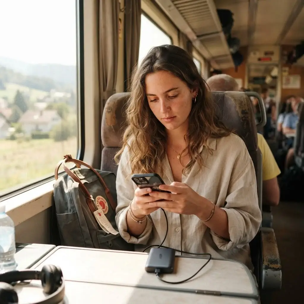 A woman in linen travel clothes sitting on a train, holding a smartphone connected to a slim portable charger, authentic travel photography.