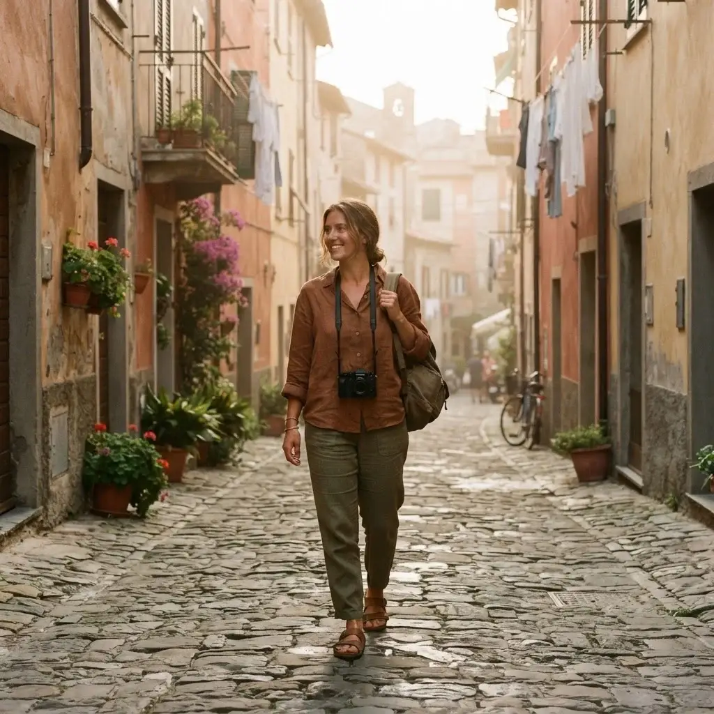 A solo traveler with a camera walking down a narrow, authentic, cobblestone residential street at sunrise, capturing the local atmosphere in a European city.