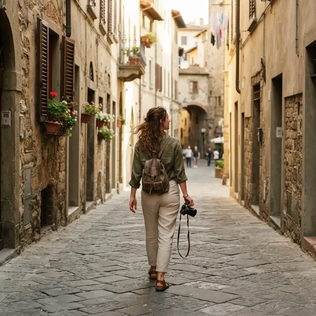 A female traveler with a mirrorless camera walking through a quiet, sun-drenched historic European city street, capturing spontaneous moments of discovery.