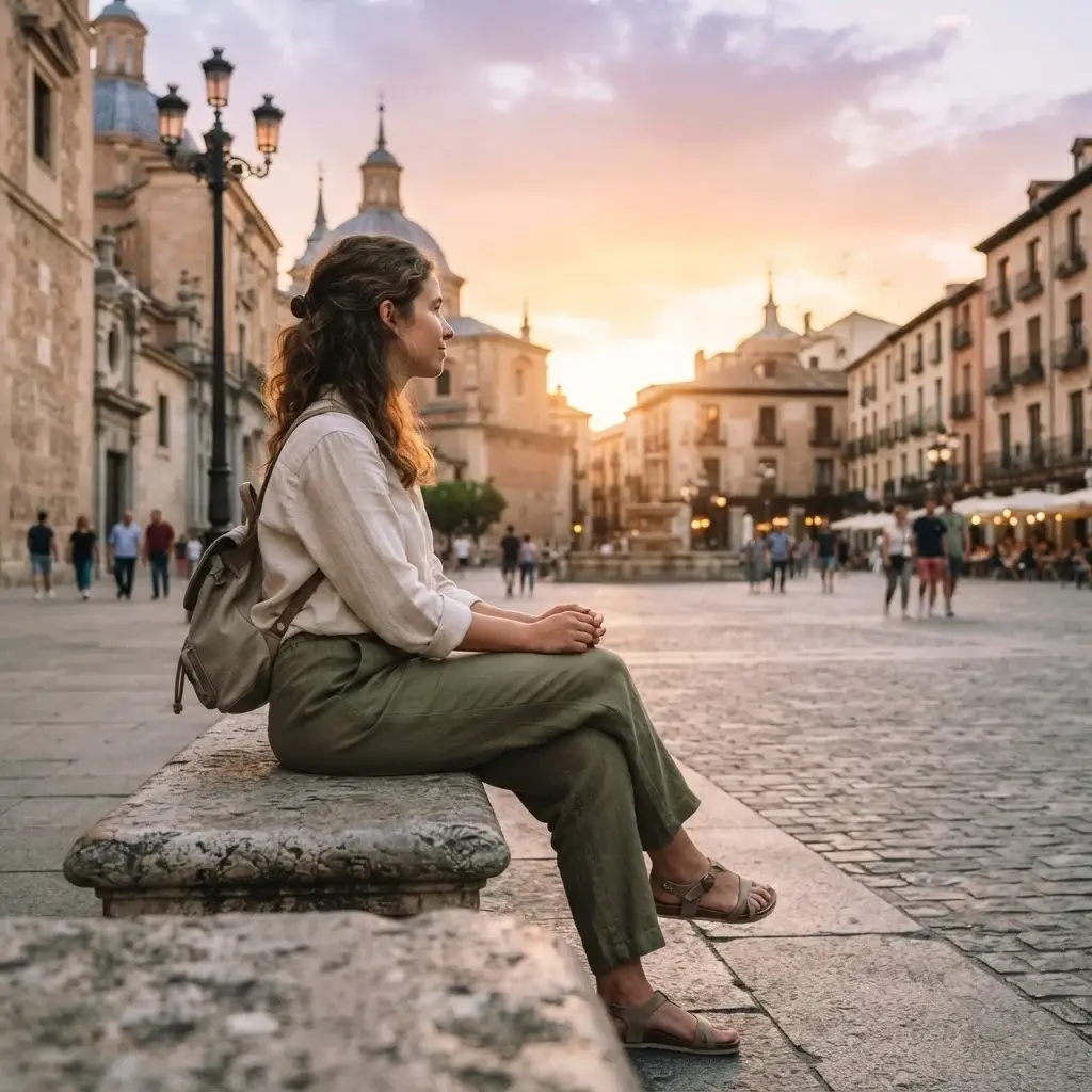 A female solo traveler resting on a city bench, looking out at a peaceful urban sunset with her camera resting beside her, reflecting calm confidence.