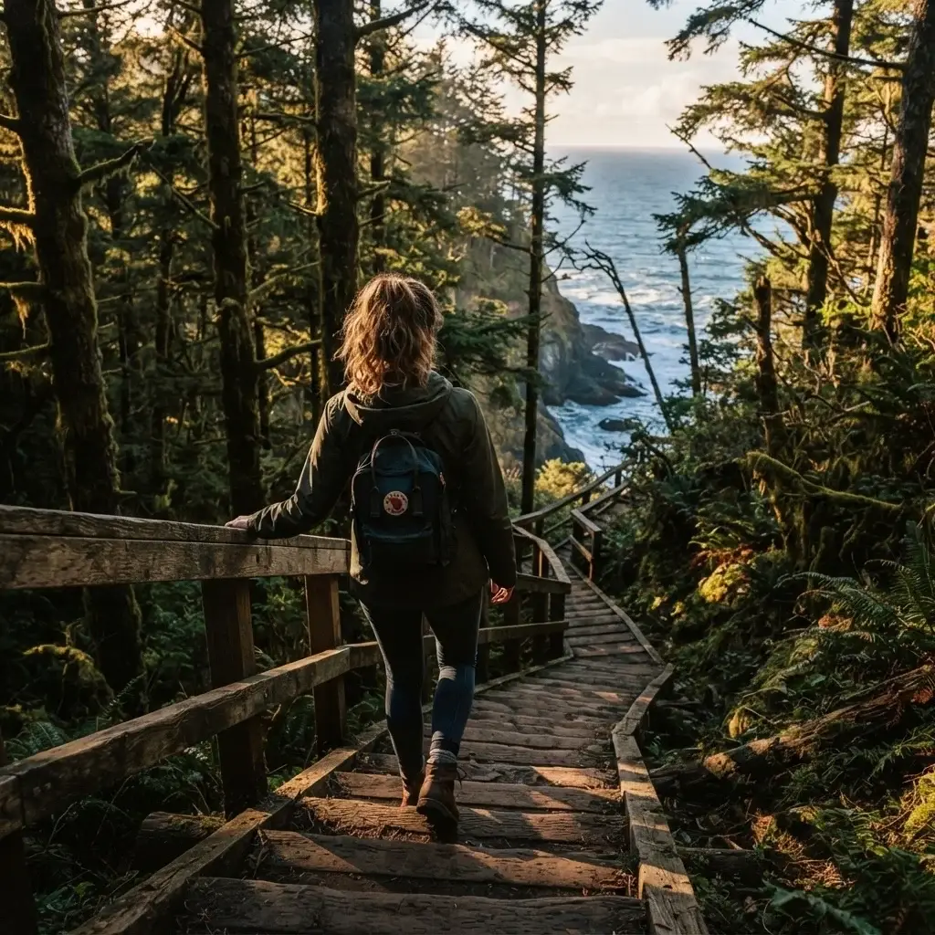 An atmospheric eye-level shot of a traveler walking down a steep wooden staircase cut through a dense, mossy cliffside forest leading to the sea at Pacific Spirit Regional Park.