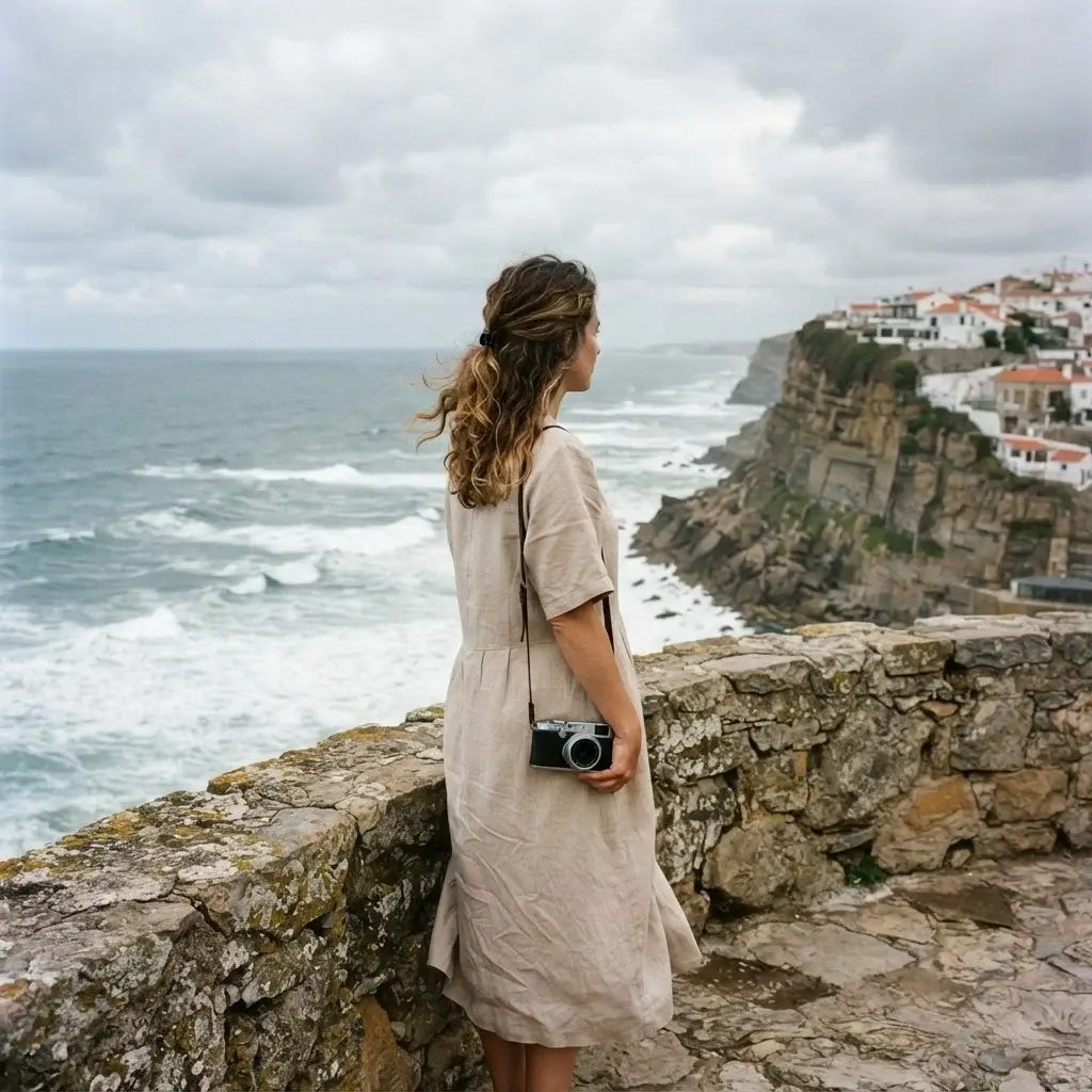 An authentic candid shot of a solo female traveler standing at the stone viewpoint in Zambujeira do Mar, looking down at the wild Alentejo coastline with her mirrorless camera ready.