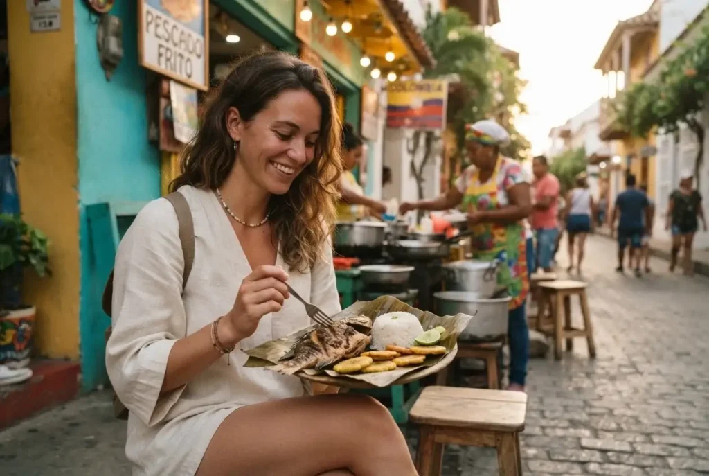 Solo female traveler eating fresh fish and coconut rice at a colorful street food stall on Colombia's Caribbean coast near Cartagena