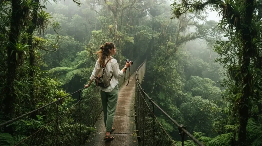 Female solo traveler walking a misty rainforest canopy trail in Costa Rica, lush green jungle surrounding her, early morning light filtering through the trees