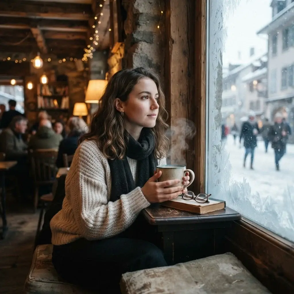 An eye-level, intimate shot of the traveler sitting by a foggy cafe window, holding a steaming mug of tea, looking out at a snowy historic European street scene.