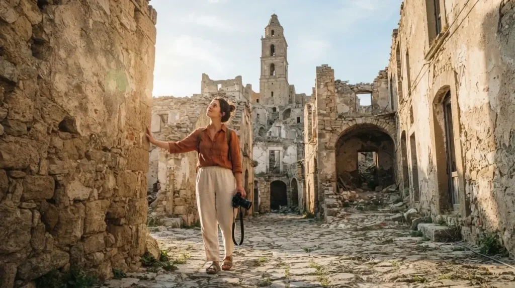  Female traveler looking up at the crumbling stone tower and roofless facades of Craco ghost town, Basilicata, southern Italy, warm afternoon light