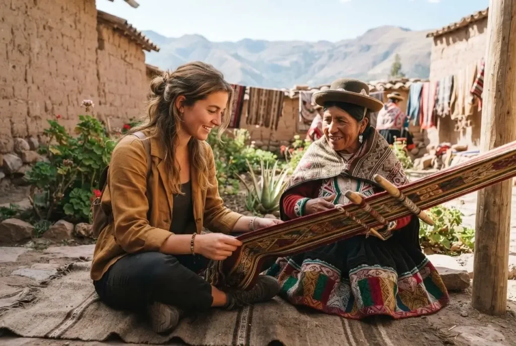 Solo female traveler learning traditional Quechua textile weaving at a community workshop near Cusco Peru