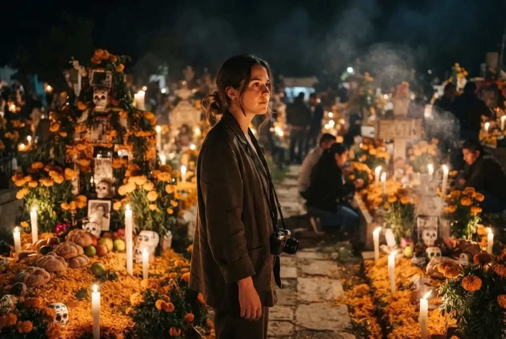 Solo female traveler standing at the edge of a candlelit cemetery in Oaxaca Mexico on Day of the Dead surrounded by marigold flower carpets and glowing candles on decorated graves at night